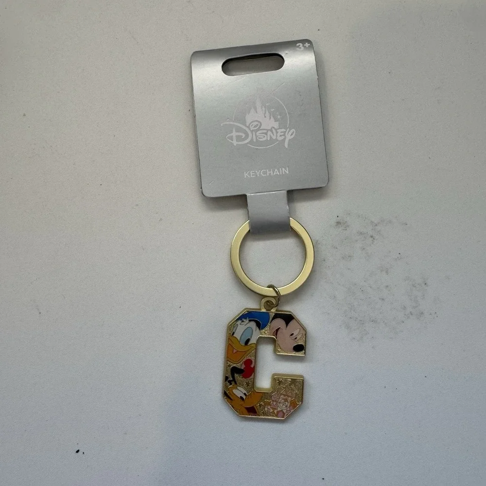 Disney Parks Mickey Donald Pluto Letter C, Gold Tone Metal Keychain Bag Charm